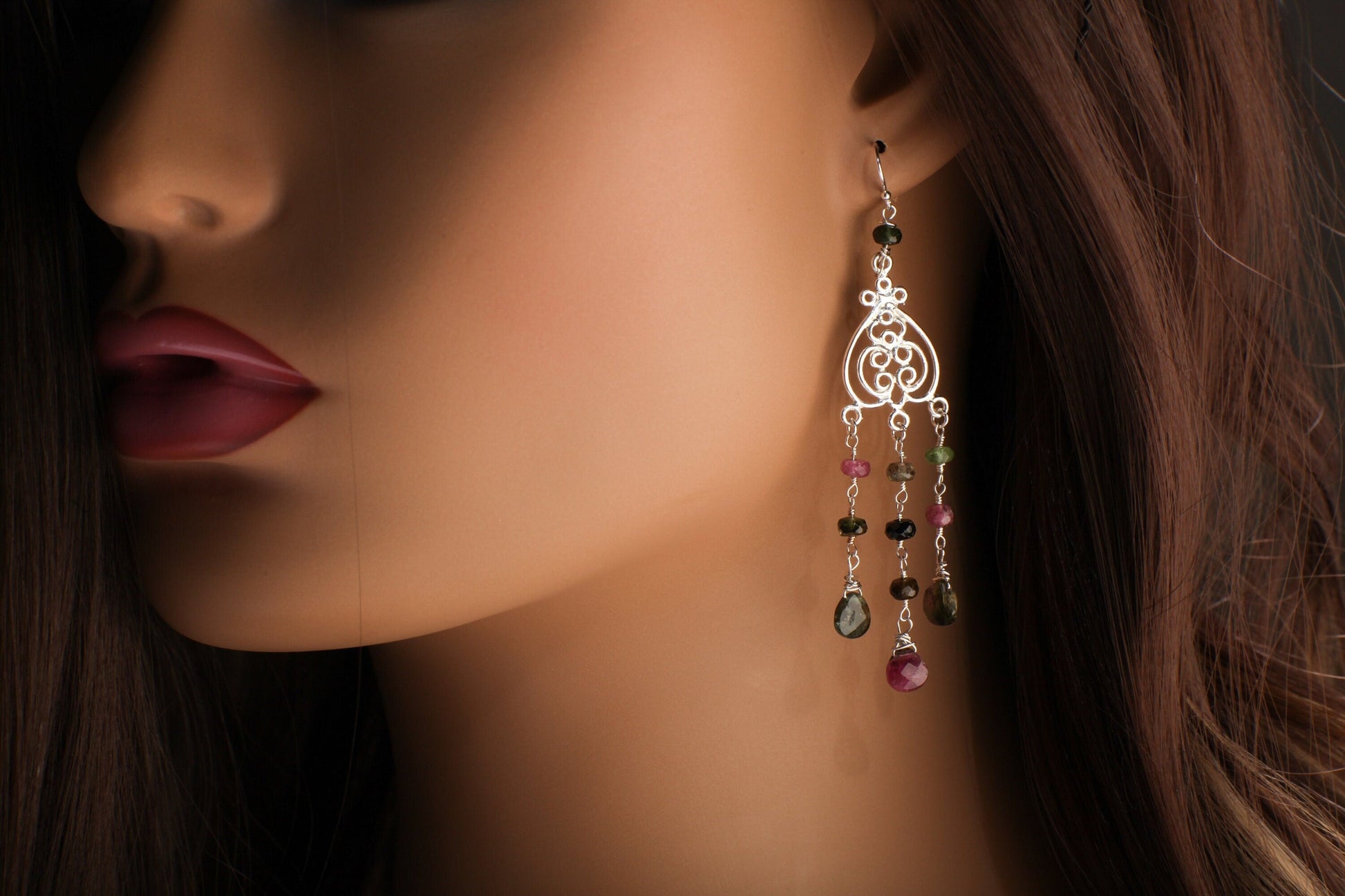 Watermelon Tourmaline Earrings, Wire Wrapped Dangling Briolette in 925 Sterling Silver Chandelier and Earwire, Bridal, Boho, Handmade Gift