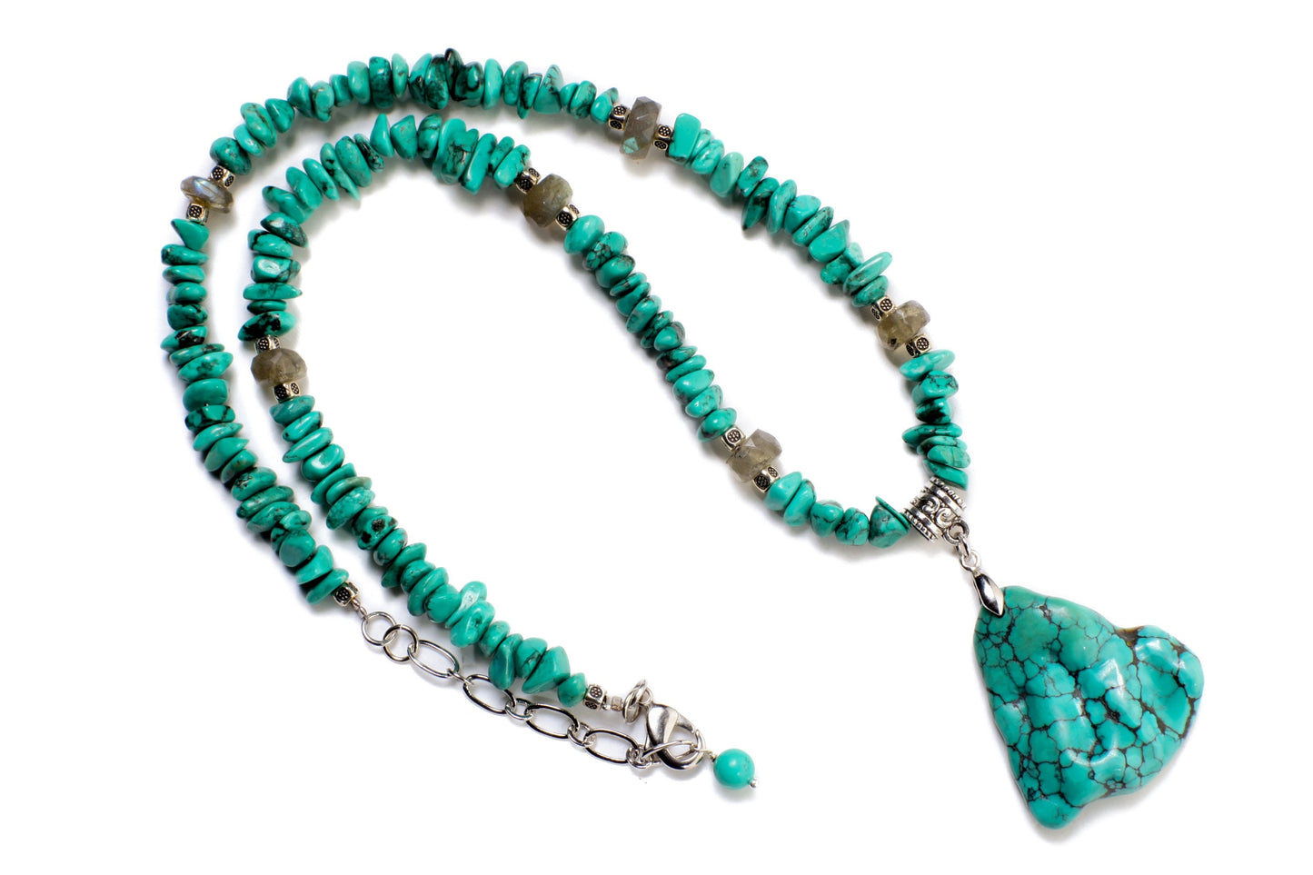 Natural Spiderweb Turquoise Nugget Necklace, Faceted Labradorite Rondelle Spacers, Triangular Free Form Turquoise Pendant 19" Necklace