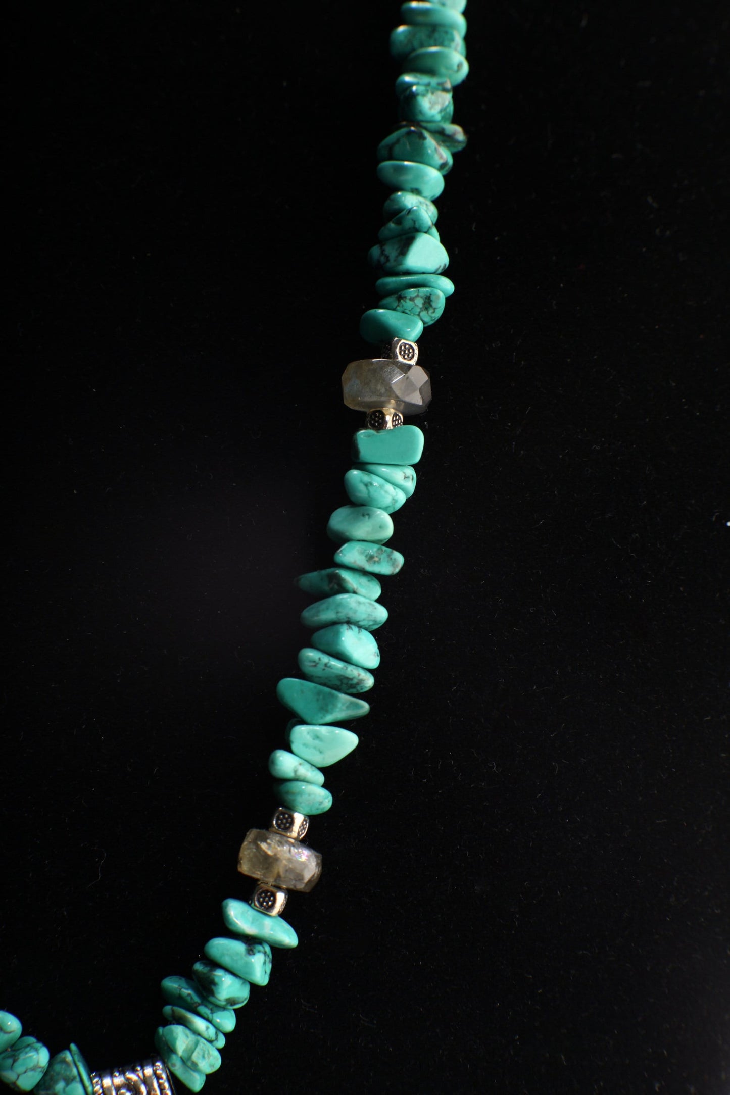 Natural Spiderweb Turquoise Nugget Necklace, Faceted Labradorite Rondelle Spacers, Triangular Free Form Turquoise Pendant 19&quot; Necklace