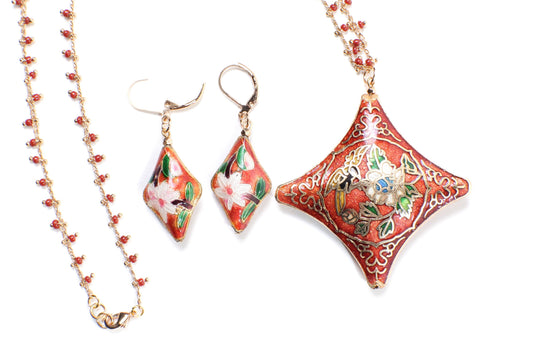 Traditional Cloisonné Pendant Vintage Floral Flowers Focal with Gold Plated Beaded Chain Necklace 20" and matching Leverback Earrings set