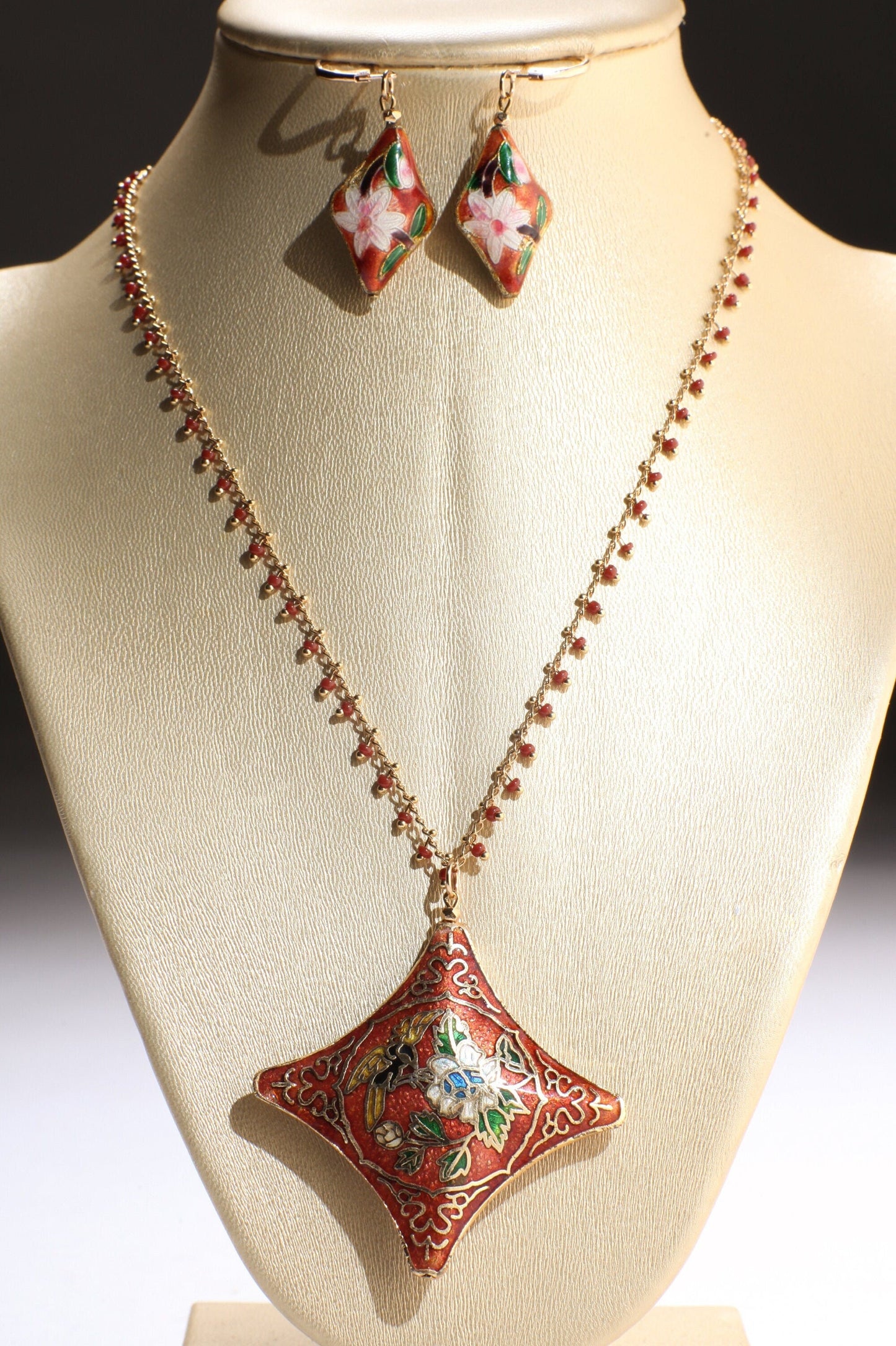 Traditional Cloisonné Pendant Vintage Floral Flowers Focal with Gold Plated Beaded Chain Necklace 20&quot; and matching Leverback Earrings set