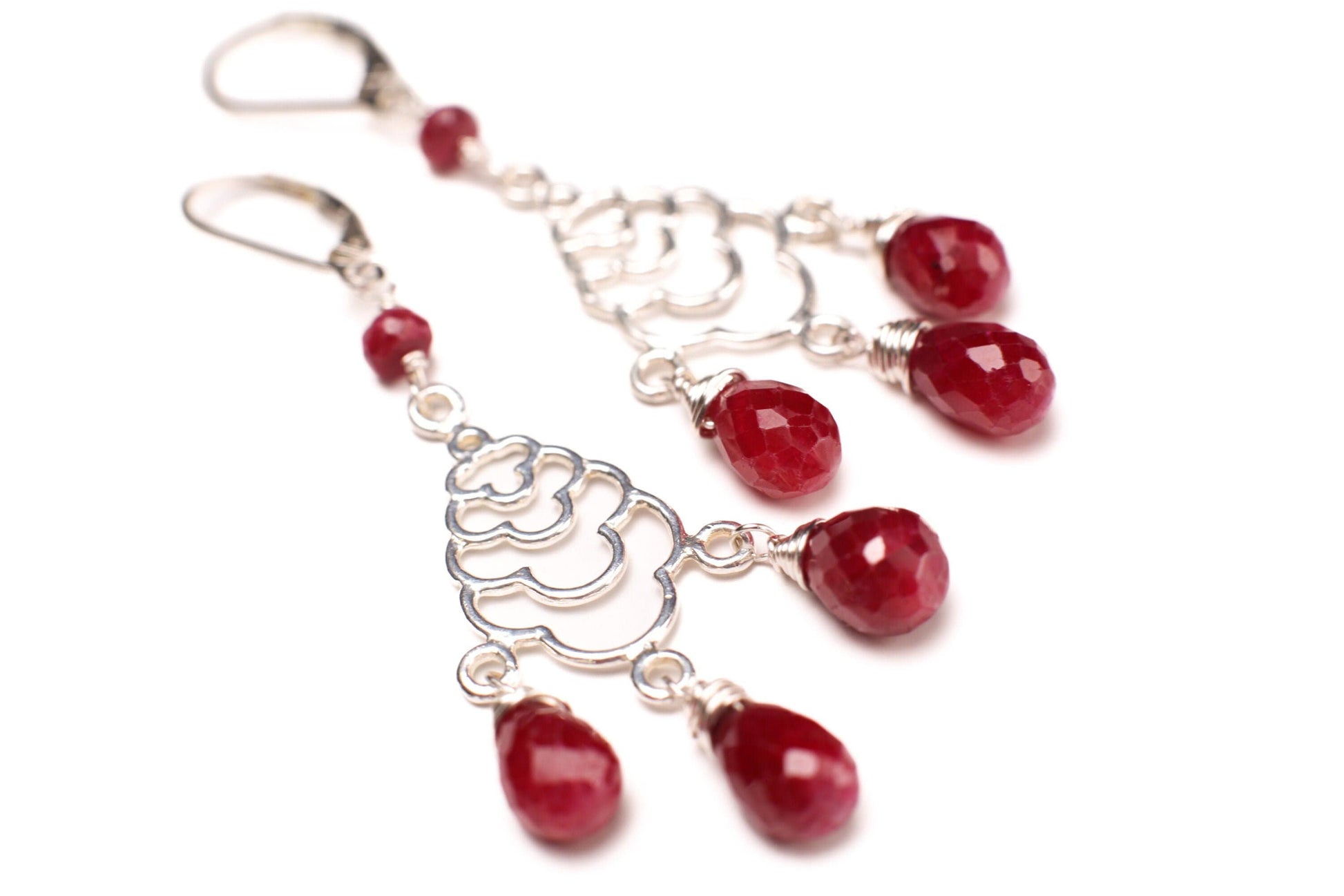 Genuine Ruby Wire Wrapped Dangling Briolette Earrings in 925 Sterling Silver Chandelier and Leverback Earwire, Bridal, Boho, Handmade Gift
