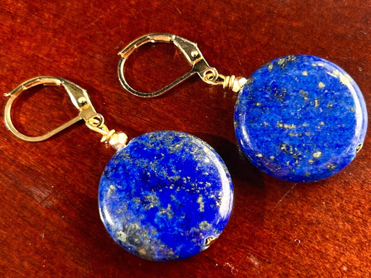 Lapis Lazuli Earrings, Natural Lapis Disk 20mm Accents Bali Style Bead Gold Leverback Ear Wire
