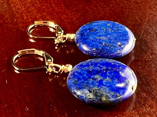 Lapis Lazuli Earrings, Natural Lapis Disk 20mm Accents Bali Style Bead Gold Leverback Ear Wire