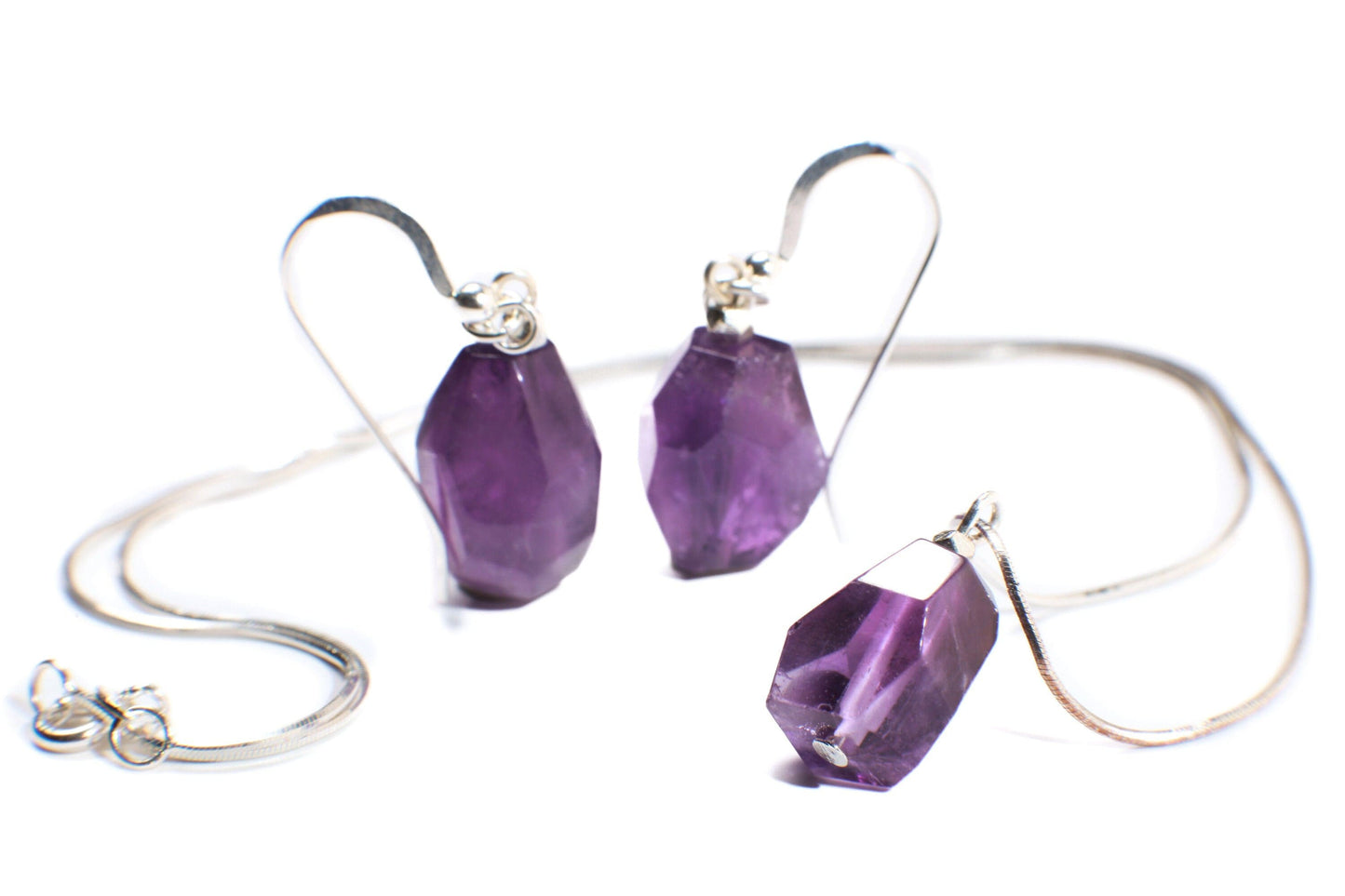 Natural Brazilian Amethyst Raw Freeform Tumbled Cut Nugget Earring and Necklace Set in Italian 925 Sterling Silver, Minimalist, Gift For her