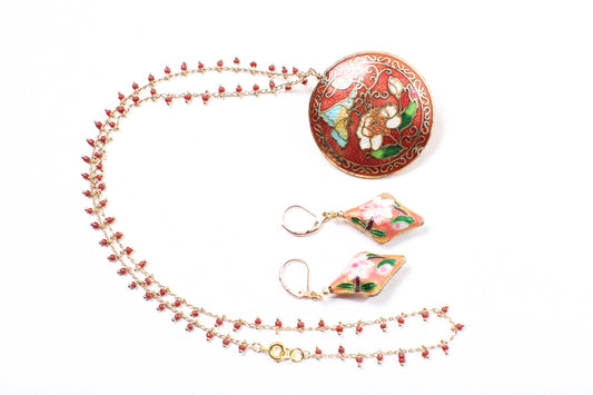 Traditional Cloisonné Pendant Vintage Floral Flowers Pink Revisable Focal with Beaded Chain Necklace 20" and matching Earrings set