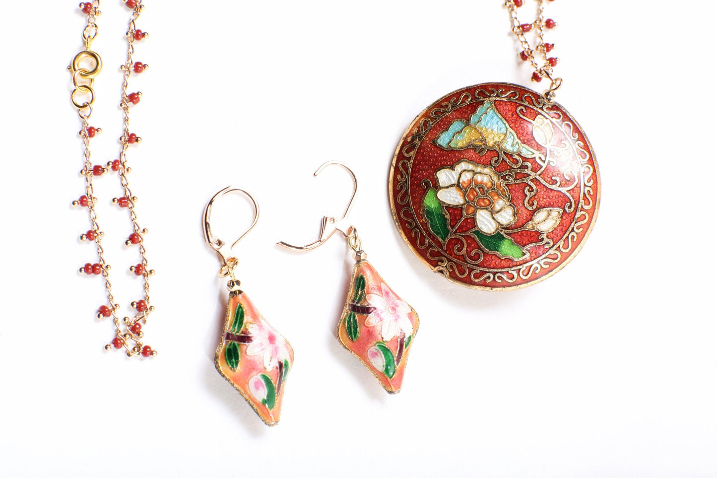 Traditional Cloisonné Pendant Vintage Floral Flowers Pink Revisable Focal with Beaded Chain Necklace 20&quot; and matching Earrings set