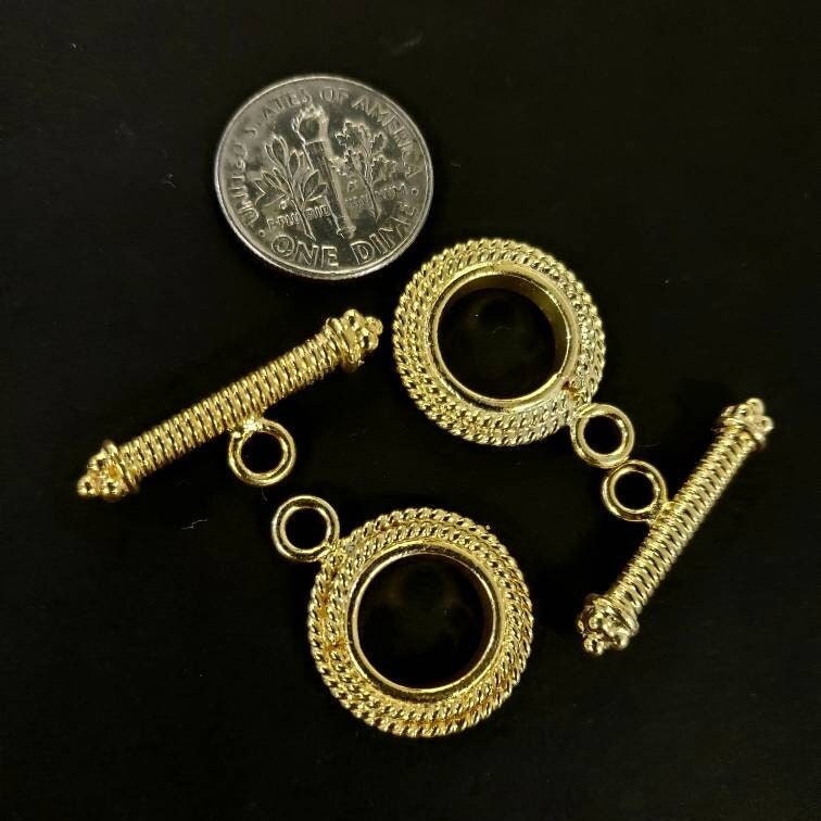 22K Gold Vermeil 925 Sterling Silver Bali Toggle Clasp, 18mm Circle, heavy weight, Vintage Handmade Clasp, 1 set or Bulk