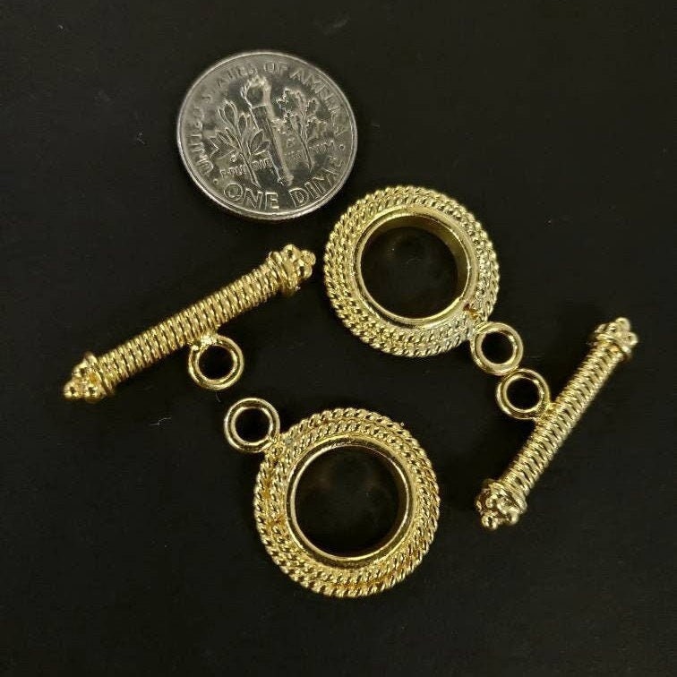 22K Gold Vermeil 925 Sterling Silver Bali Toggle Clasp, 18mm Circle, heavy weight, Vintage Handmade Clasp, 1 set or Bulk