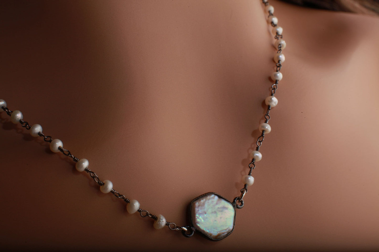 Genuine Moonstone,Labradorite FreshwaterPearl Silver Oxidized Bezel Pendant with Matching Gemstone Beaded Necklace with Extender 16&quot;- 20&quot;