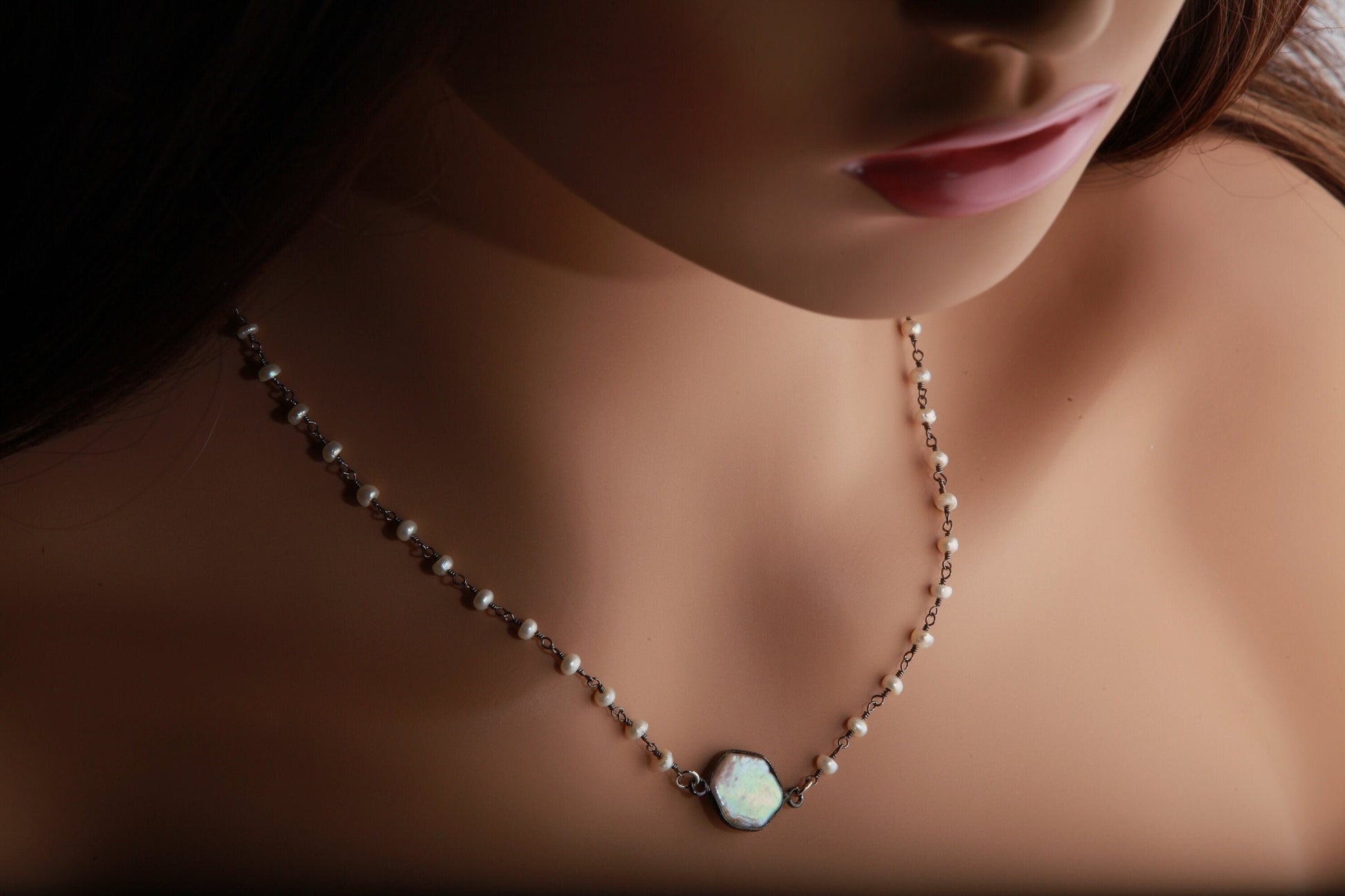 Genuine Moonstone,Labradorite FreshwaterPearl Silver Oxidized Bezel Pendant with Matching Gemstone Beaded Necklace with Extender 16&quot;- 20&quot;