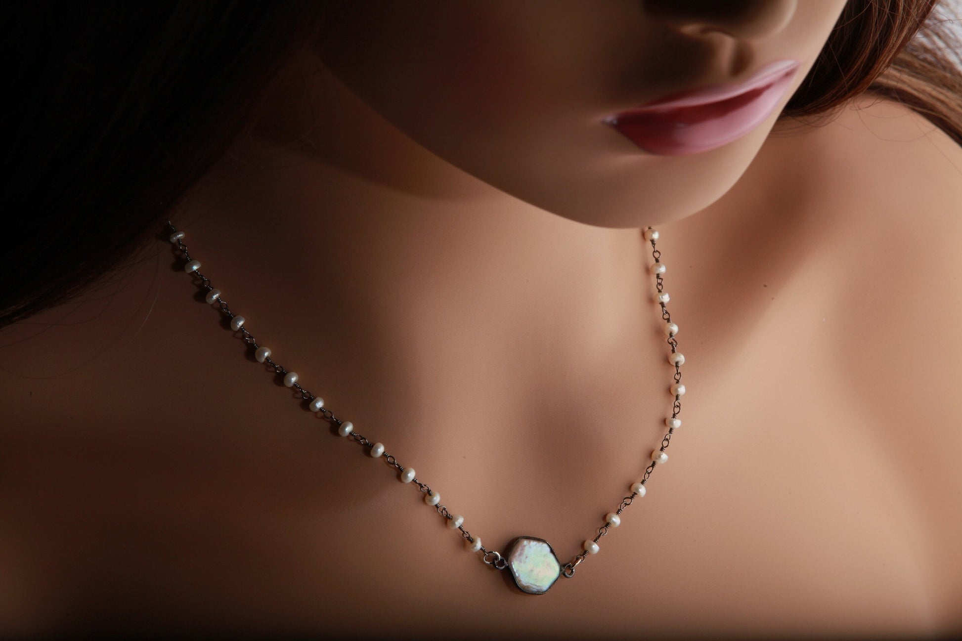 Genuine Moonstone,Labradorite FreshwaterPearl Silver Oxidized Bezel Pendant with Matching Gemstone Beaded Necklace with Extender 16"- 20"