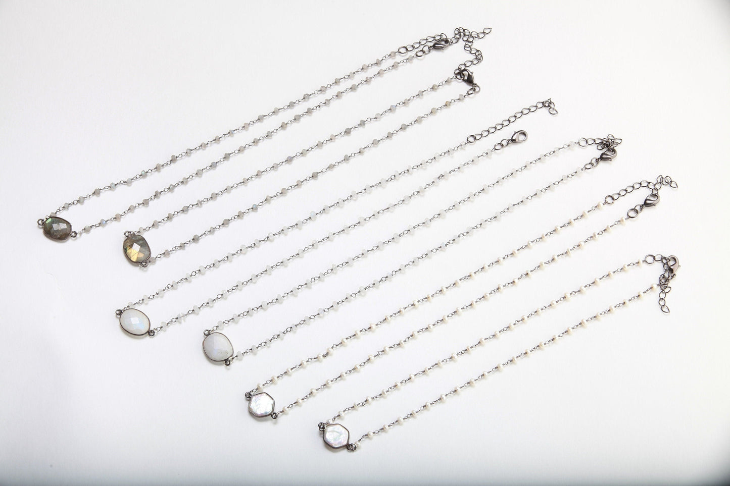 Genuine Moonstone,Labradorite FreshwaterPearl Silver Oxidized Bezel Pendant with Matching Gemstone Beaded Necklace with Extender 16&quot;- 20&quot;