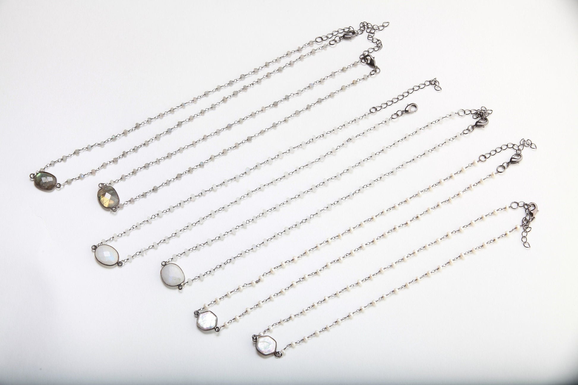 Genuine Moonstone,Labradorite FreshwaterPearl Silver Oxidized Bezel Pendant with Matching Gemstone Beaded Necklace with Extender 16&quot;- 20&quot;