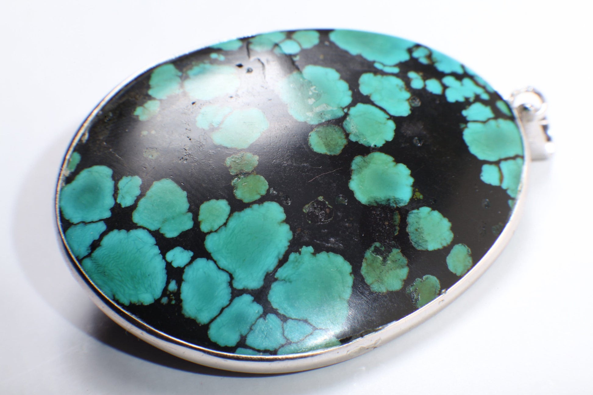 Turquoise Pendant, Genuine AAA Tibetan Spiderweb Turquoise Cab Gemstone 925 Sterling Silver Bezel Pendant, Option: Silver Chain,39x50mm 20g