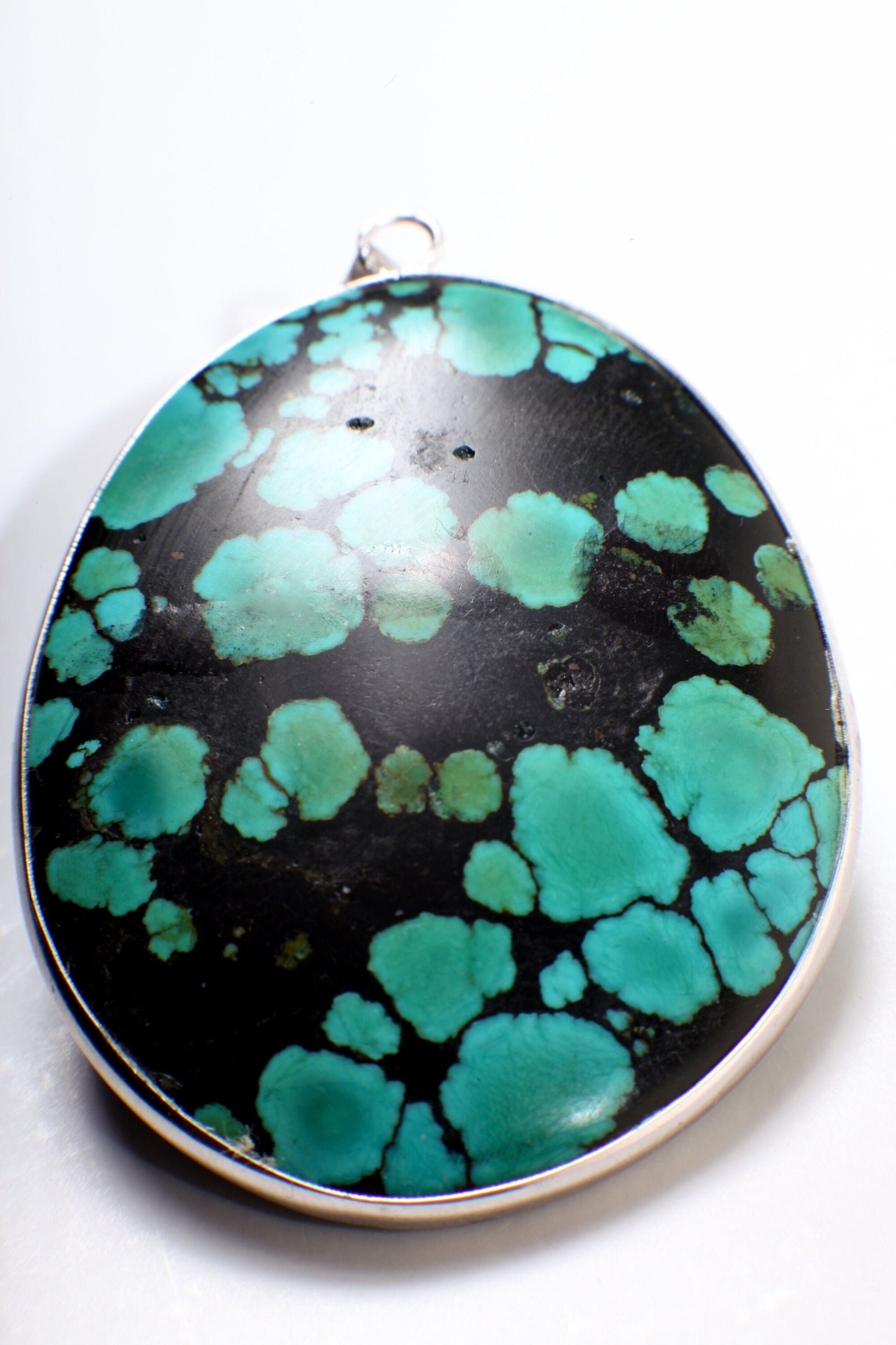 Turquoise Pendant, Genuine AAA Tibetan Spiderweb Turquoise Cab Gemstone 925 Sterling Silver Bezel Pendant, Option: Silver Chain,39x50mm 20g