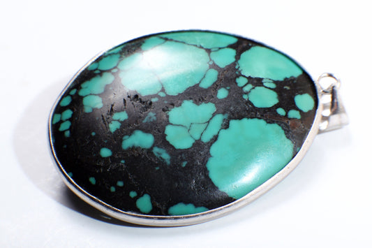 Turquoise Pendant, Genuine AAA Tibetan Spiderweb Turquoise Cab Gemstone 925 Sterling Silver Bezel Pendant, Option: Silver Chain,37x46mm 15g