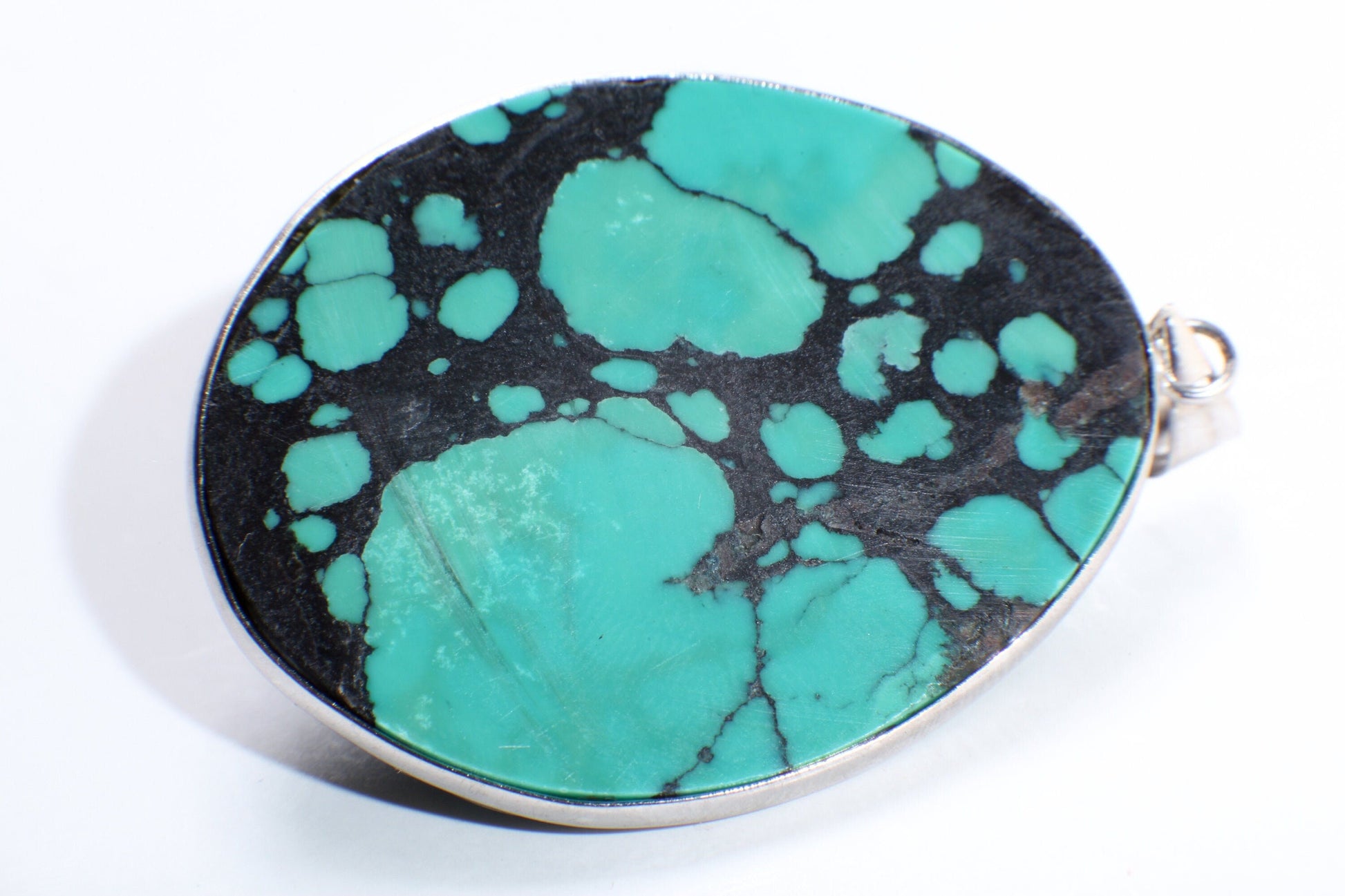 Turquoise Pendant, Genuine AAA Tibetan Spiderweb Turquoise Cab Gemstone 925 Sterling Silver Bezel Pendant, Option: Silver Chain,37x46mm 15g