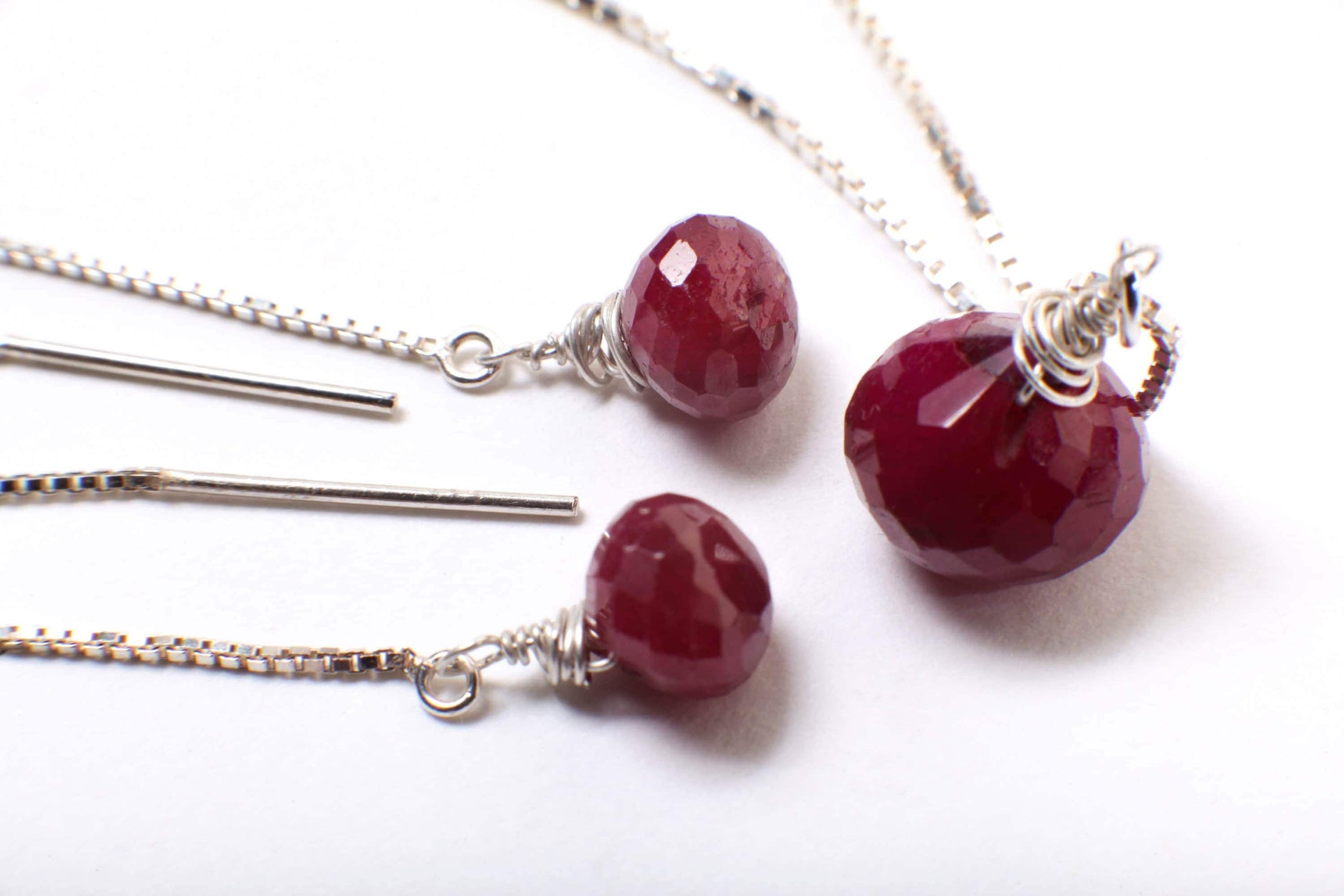 Ruby Necklace Set, Genuine Ruby Drop Briolette Onion Shape and 5&quot; Long Threader Earrings in 925 Sterling Silver Box Chain Necklace