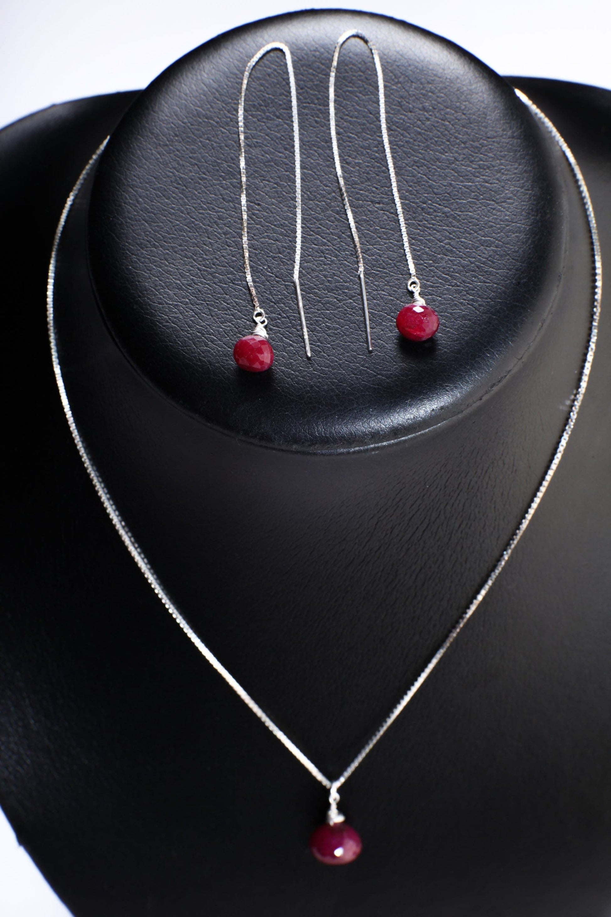 Ruby Necklace Set, Genuine Ruby Drop Briolette Onion Shape and 5&quot; Long Threader Earrings in 925 Sterling Silver Box Chain Necklace