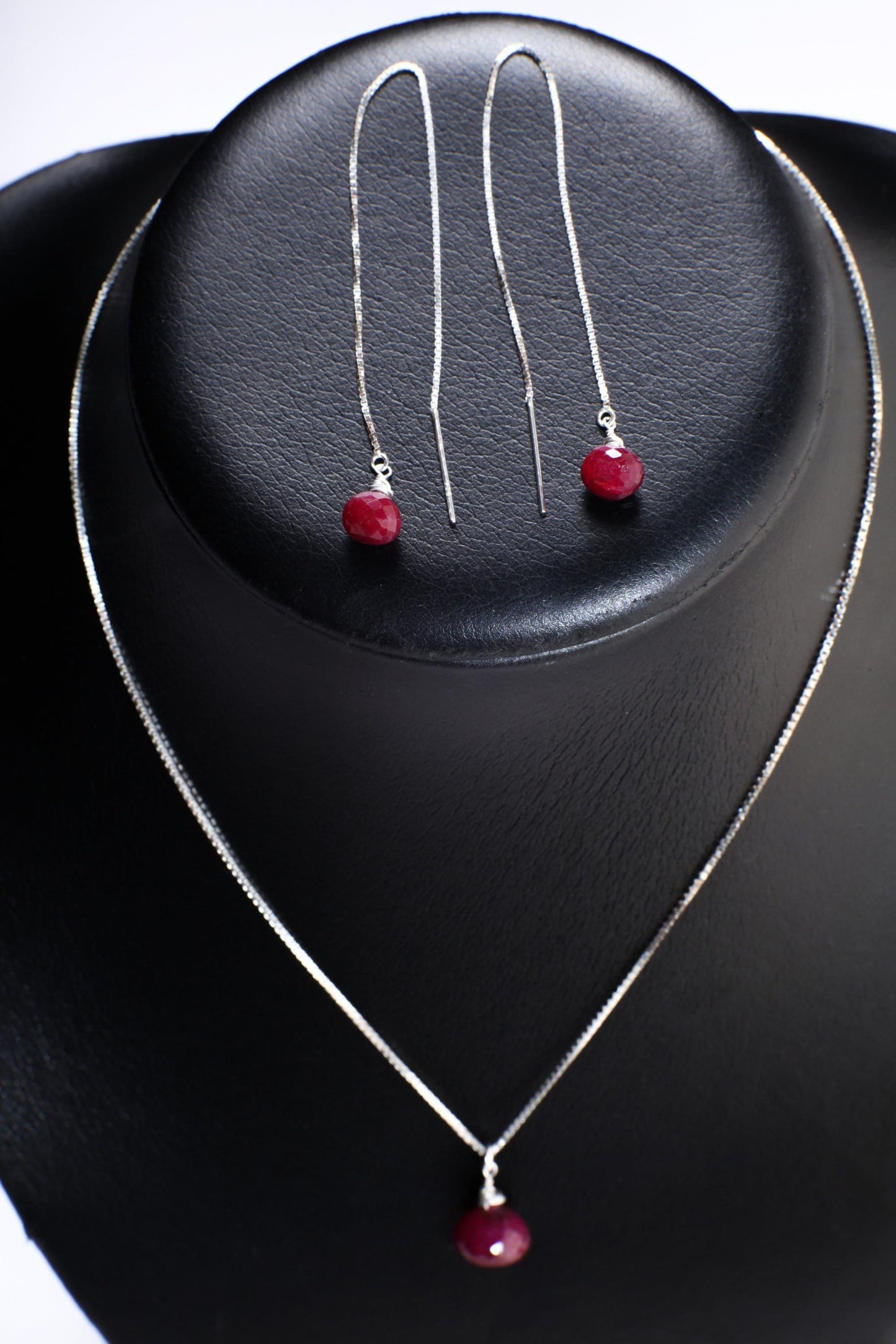 Ruby Necklace Set, Genuine Ruby Drop Briolette Onion Shape and 5" Long Threader Earrings in 925 Sterling Silver Box Chain Necklace