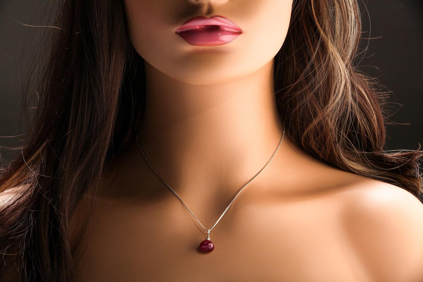 Ruby Necklace Set, Genuine Ruby Drop Briolette Onion Shape and 5&quot; Long Threader Earrings in 925 Sterling Silver Box Chain Necklace