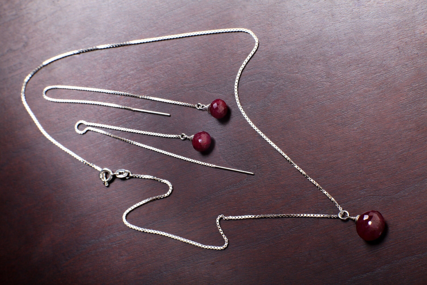 Ruby Necklace Set, Genuine Ruby Drop Briolette Onion Shape and 5&quot; Long Threader Earrings in 925 Sterling Silver Box Chain Necklace