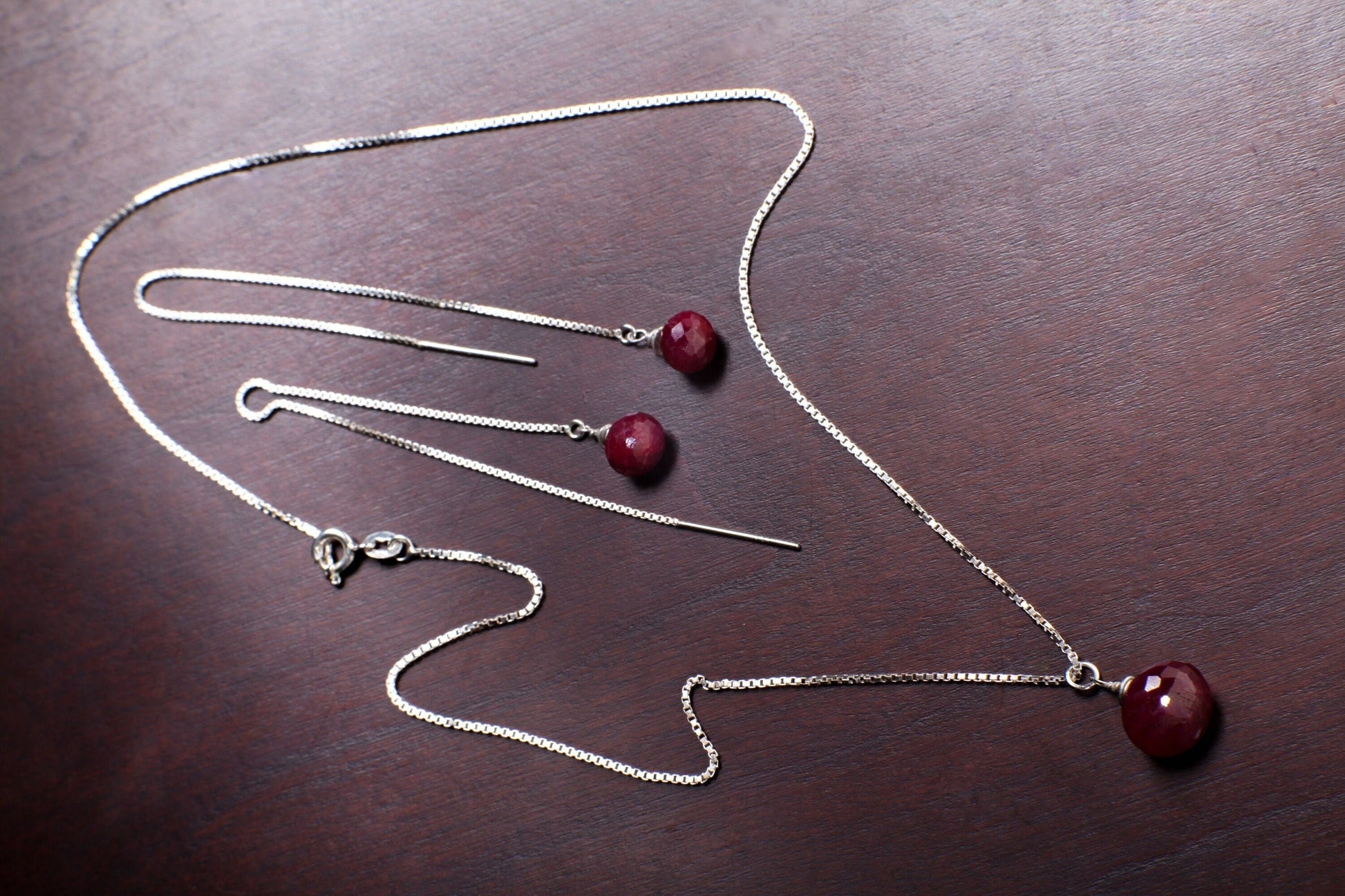 Ruby Necklace Set, Genuine Ruby Drop Briolette Onion Shape and 5" Long Threader Earrings in 925 Sterling Silver Box Chain Necklace