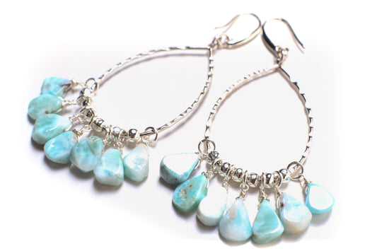 Natural Larimar Raw Free Form Teardrop 7x10-8x11mm Dangling, Rhodium hoop Teardrop Earrings, healing crystal, December Birthstone