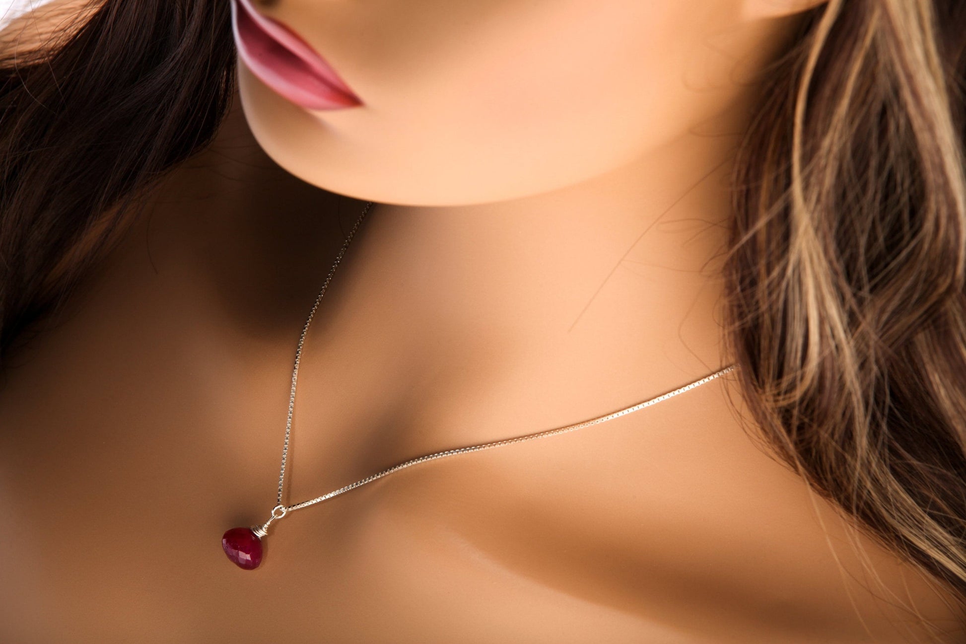 Ruby Necklace Set, Genuine Ruby Drop Briolette Onion Shape and 5&quot; Long Threader Earrings in 925 Sterling Silver Box Chain Necklace