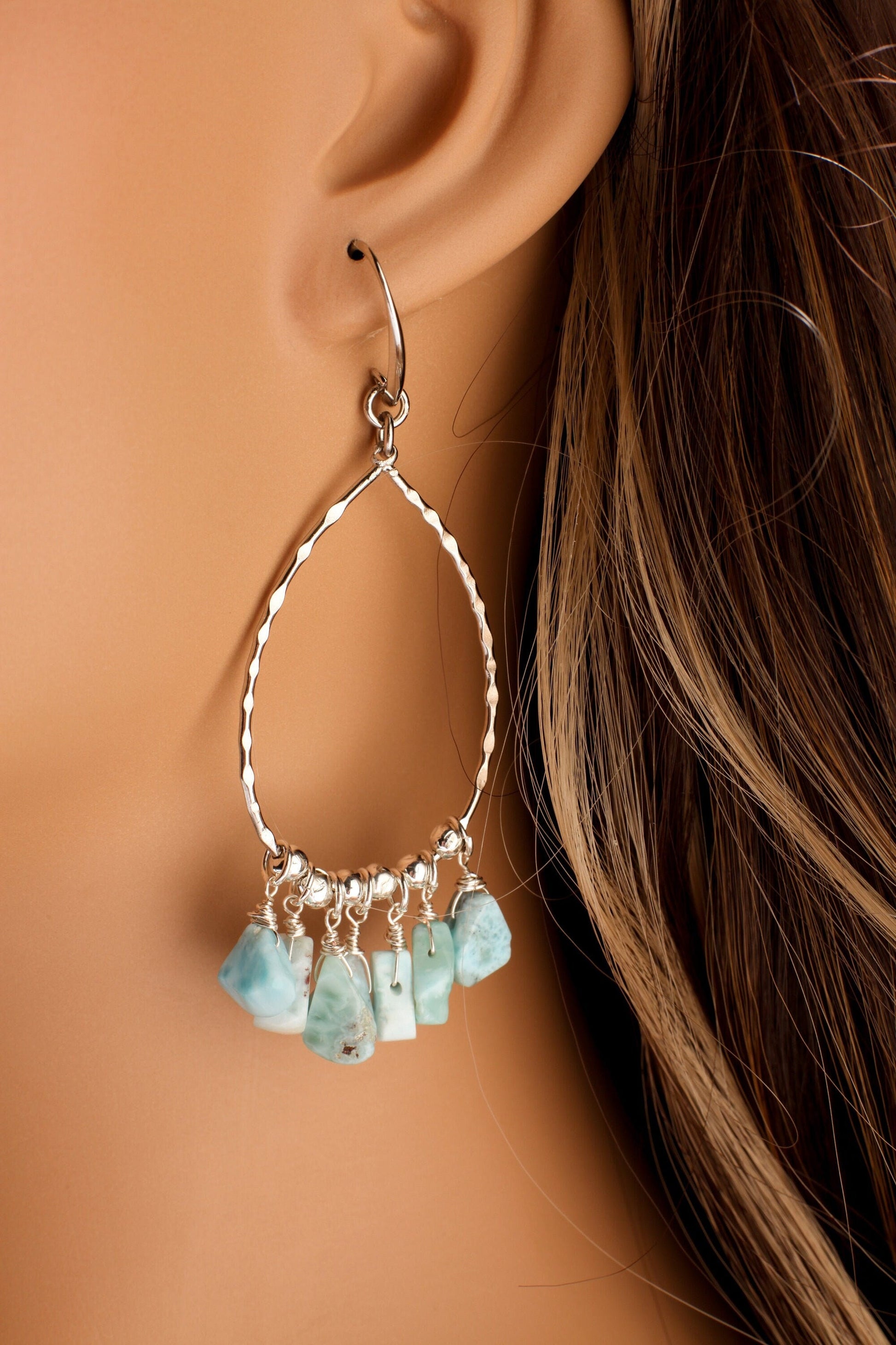 Natural Larimar Raw Free Form Teardrop 7x10-8x11mm Dangling, Rhodium hoop Teardrop Earrings, healing crystal, December Birthstone