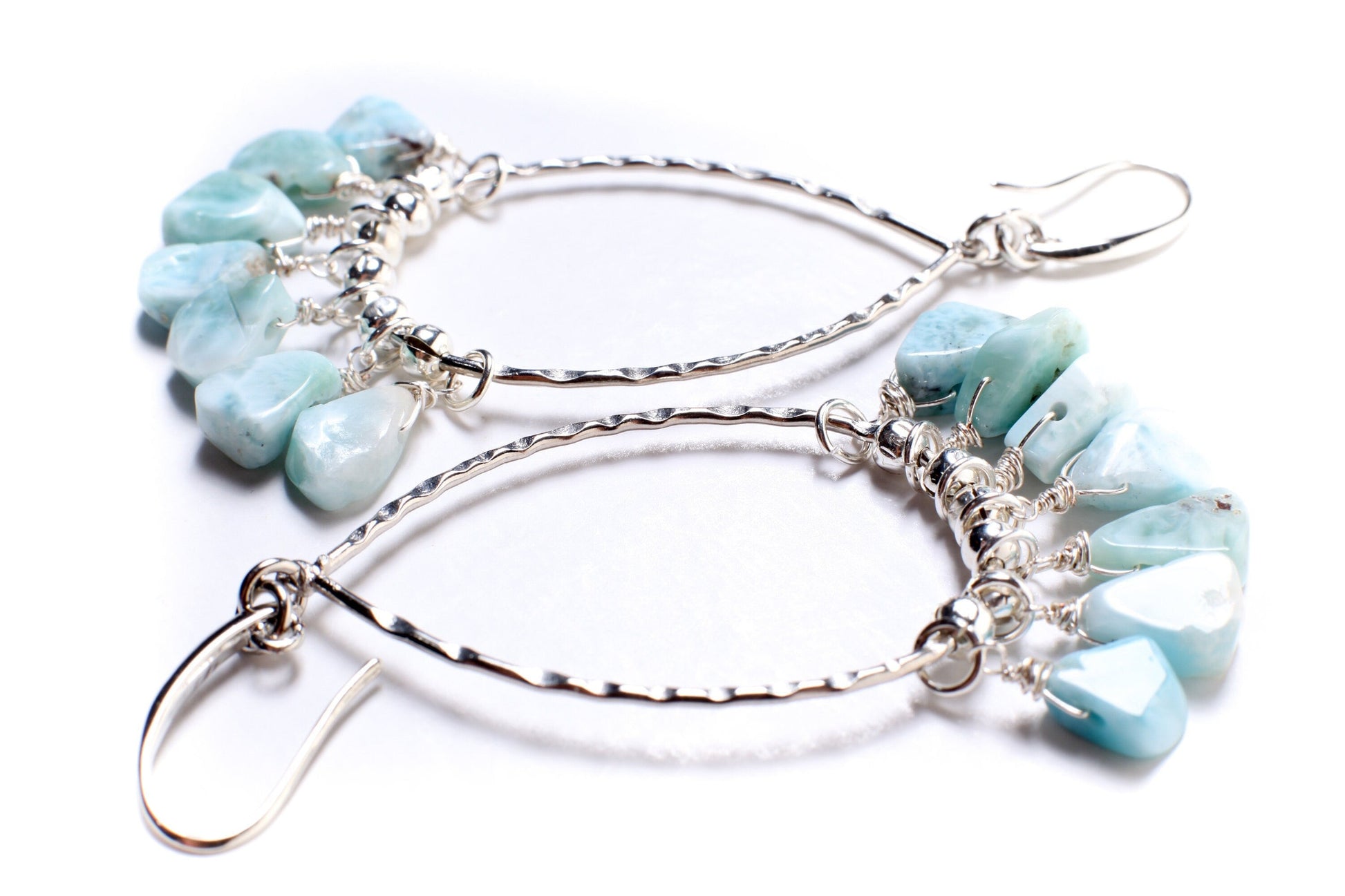 Natural Larimar Raw Free Form Teardrop 7x10-8x11mm Dangling, Rhodium hoop Teardrop Earrings, healing crystal, December Birthstone