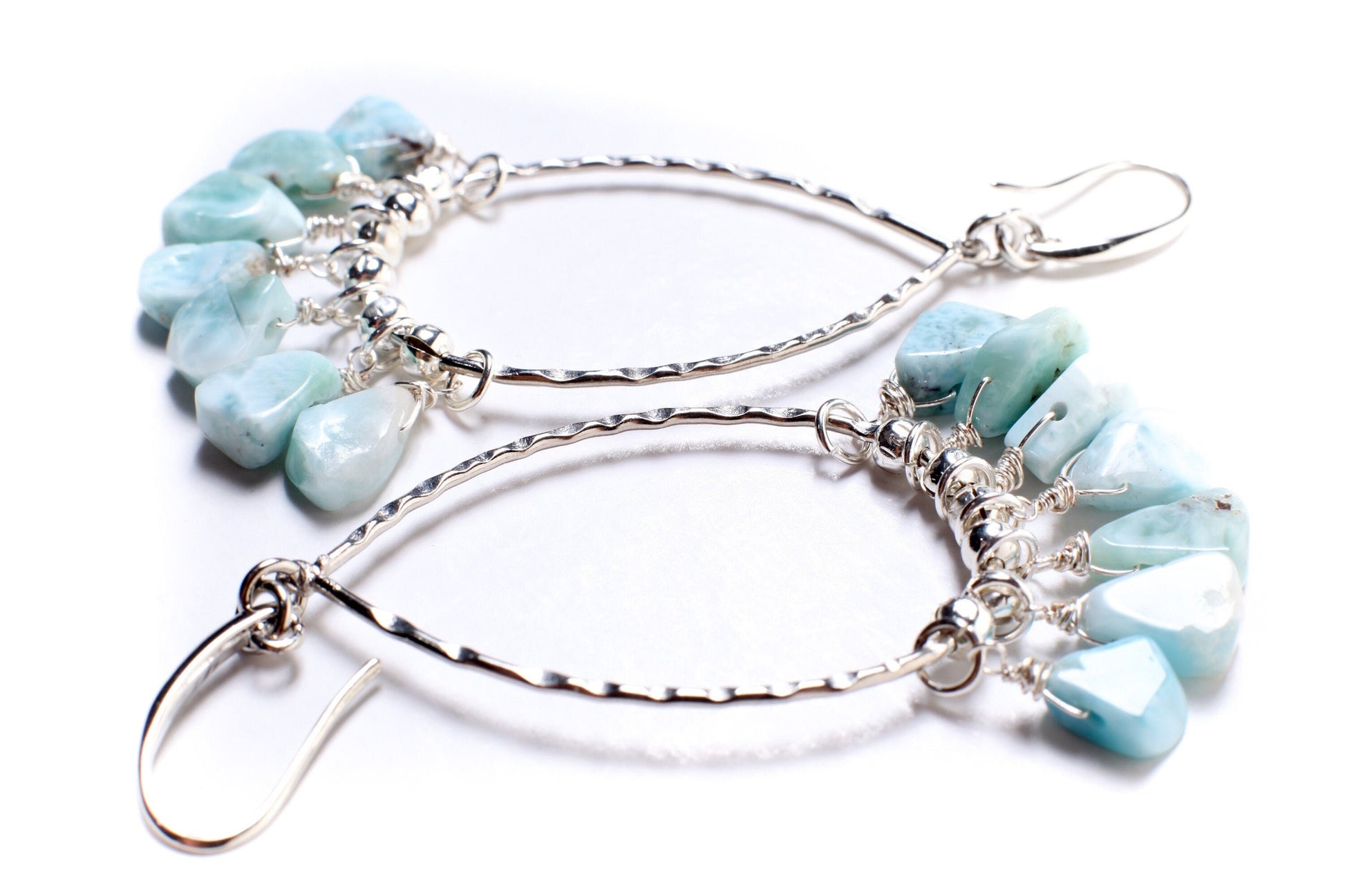Natural Larimar Raw Free Form Teardrop 7x10-8x11mm Dangling, Rhodium hoop Teardrop Earrings, healing crystal, December Birthstone