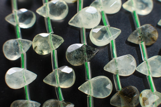 Natural Prehnite, Green Tourmalinated Quartz, Faceted Teardrops Shape 6x9mm Gemstones Side Drilled Beads 16&quot; Strands 43Pcs, Single/Bulk