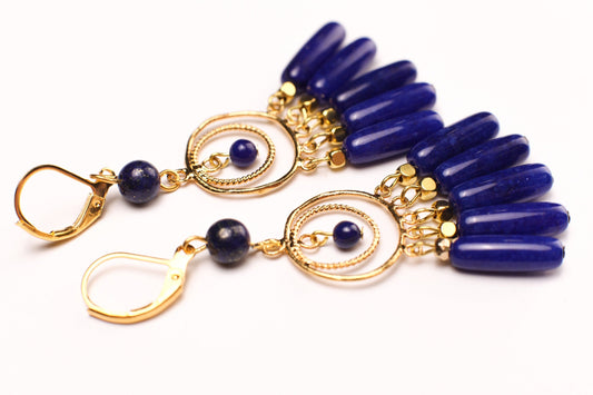 Lapis Lazuli Dangling Tube Gold Chandelier Earrings, Bridesmaids, Boho, Handmade Gemstone, Leverback Earwire, Gift for Her