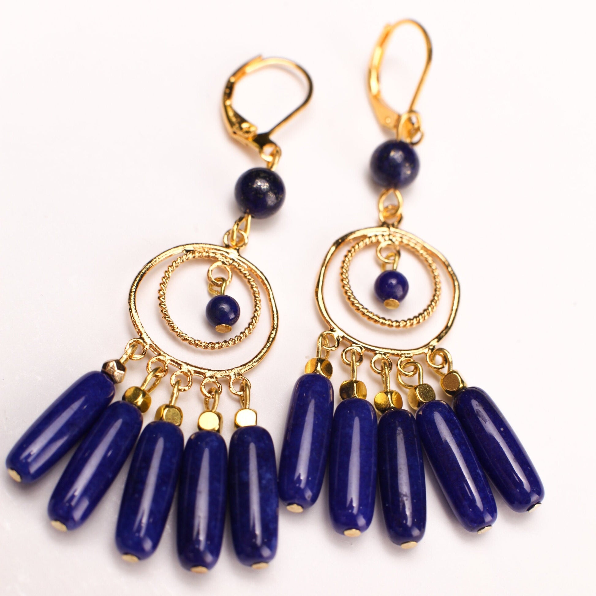 Lapis Lazuli Dangling Tube Gold Chandelier Earrings, Bridesmaids, Boho, Handmade Gemstone, Leverback Earwire, Gift for Her