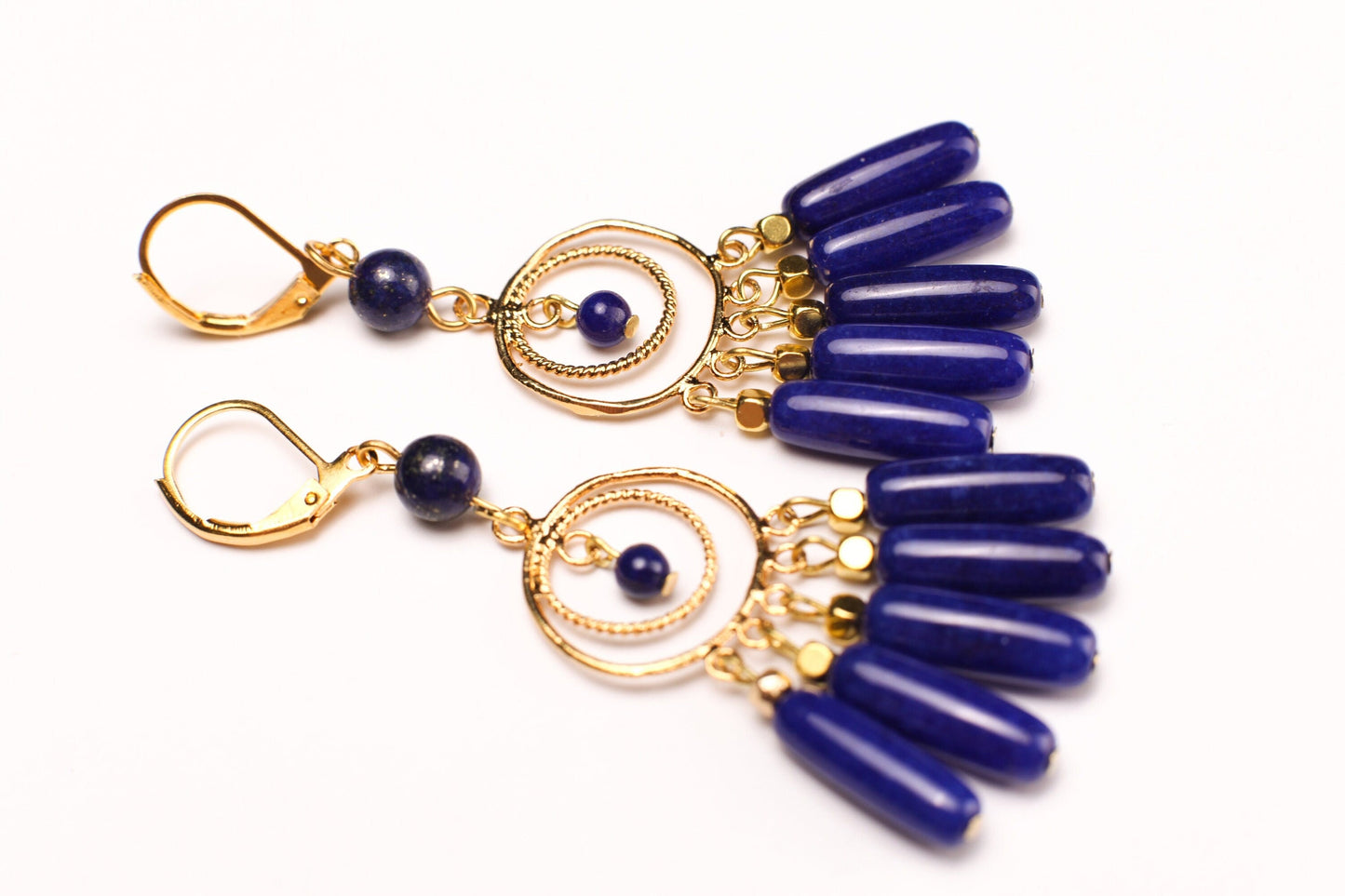 Lapis Lazuli Dangling Tube Gold Chandelier Earrings, Bridesmaids, Boho, Handmade Gemstone, Leverback Earwire, Gift for Her