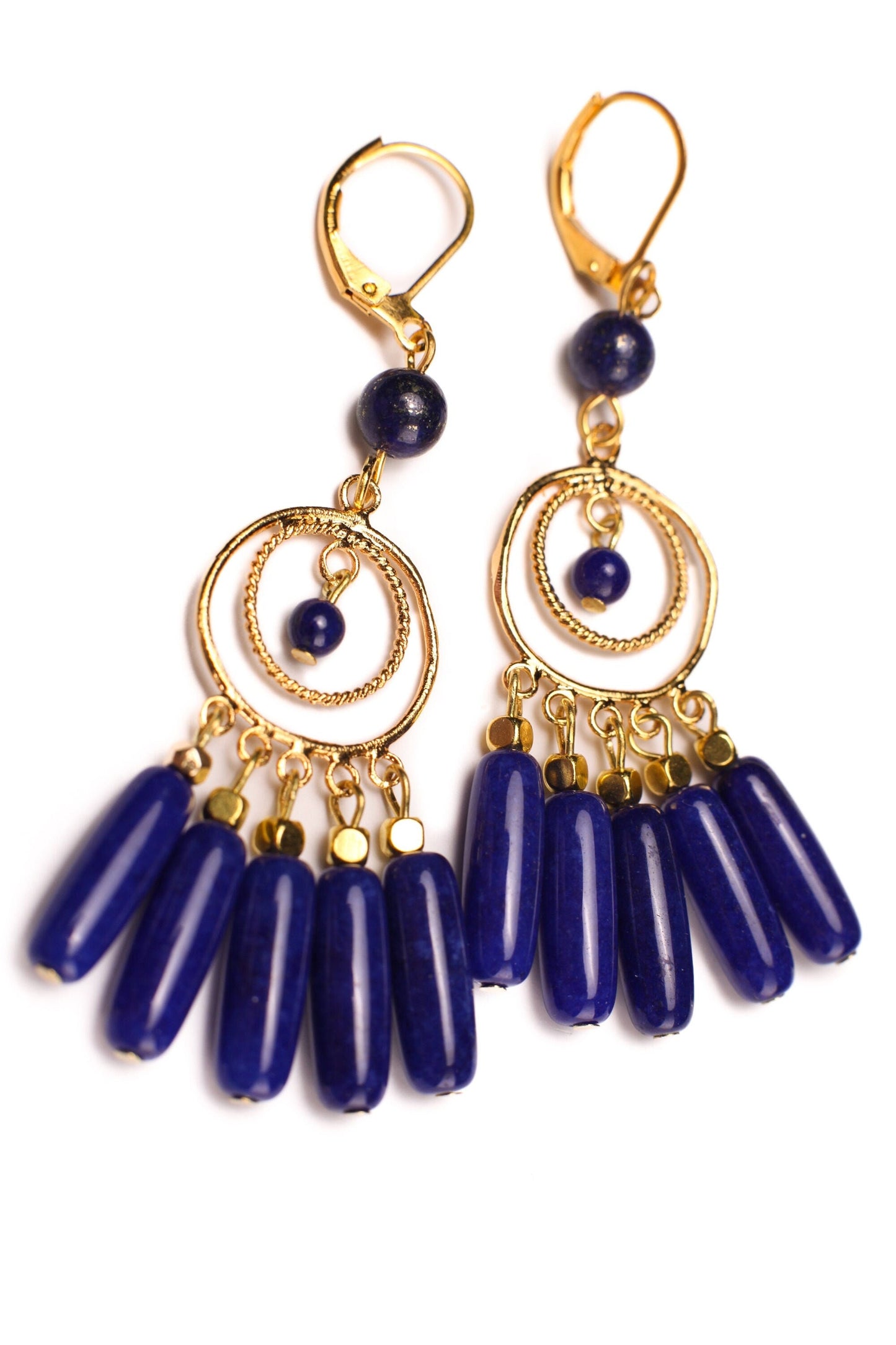 Lapis Lazuli Dangling Tube Gold Chandelier Earrings, Bridesmaids, Boho, Handmade Gemstone, Leverback Earwire, Gift for Her