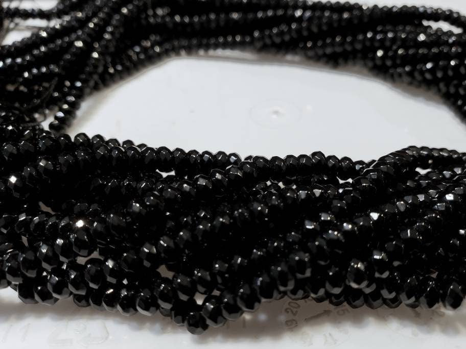 Black Onyx 4mm Faceted Rondelle, Jewelry Making Natural Black Onyx Gemstone Beads 14.5&quot; Strand