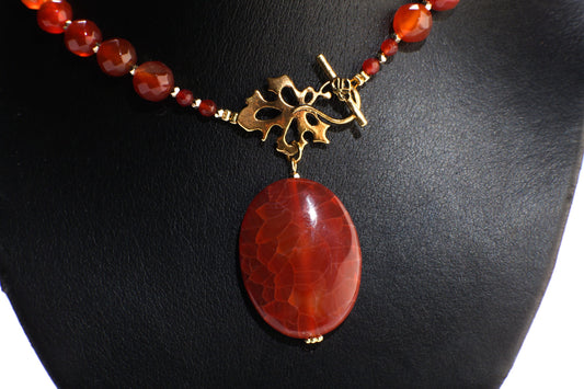 Carnelian Necklace, Natural Carnelian Faceted with Dangling Fire Agate Oval Pendant, Antiqued Gold Fancy Leaf Toggle Clasp,Gift 20" Necklace