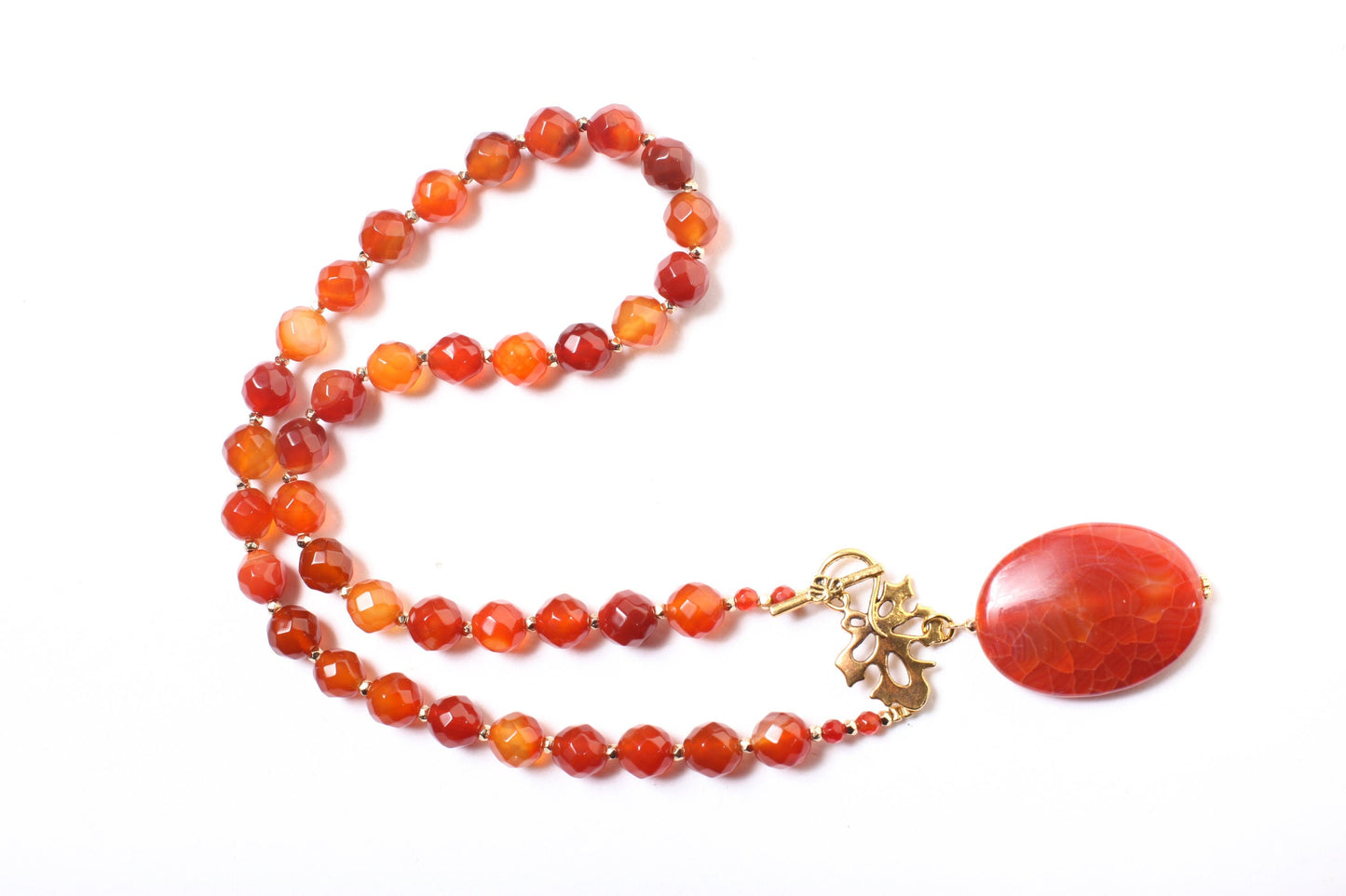 Carnelian Necklace, Natural Carnelian Faceted with Dangling Fire Agate Oval Pendant, Antiqued Gold Fancy Leaf Toggle Clasp,Gift 20" Necklace