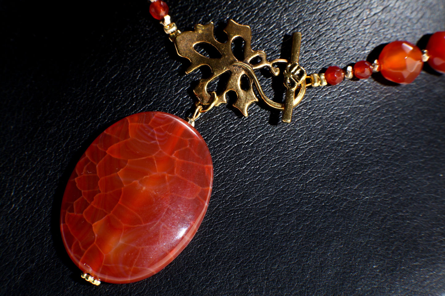 Carnelian Necklace, Natural Carnelian Faceted with Dangling Fire Agate Oval Pendant, Antiqued Gold Fancy Leaf Toggle Clasp,Gift 20&quot; Necklace