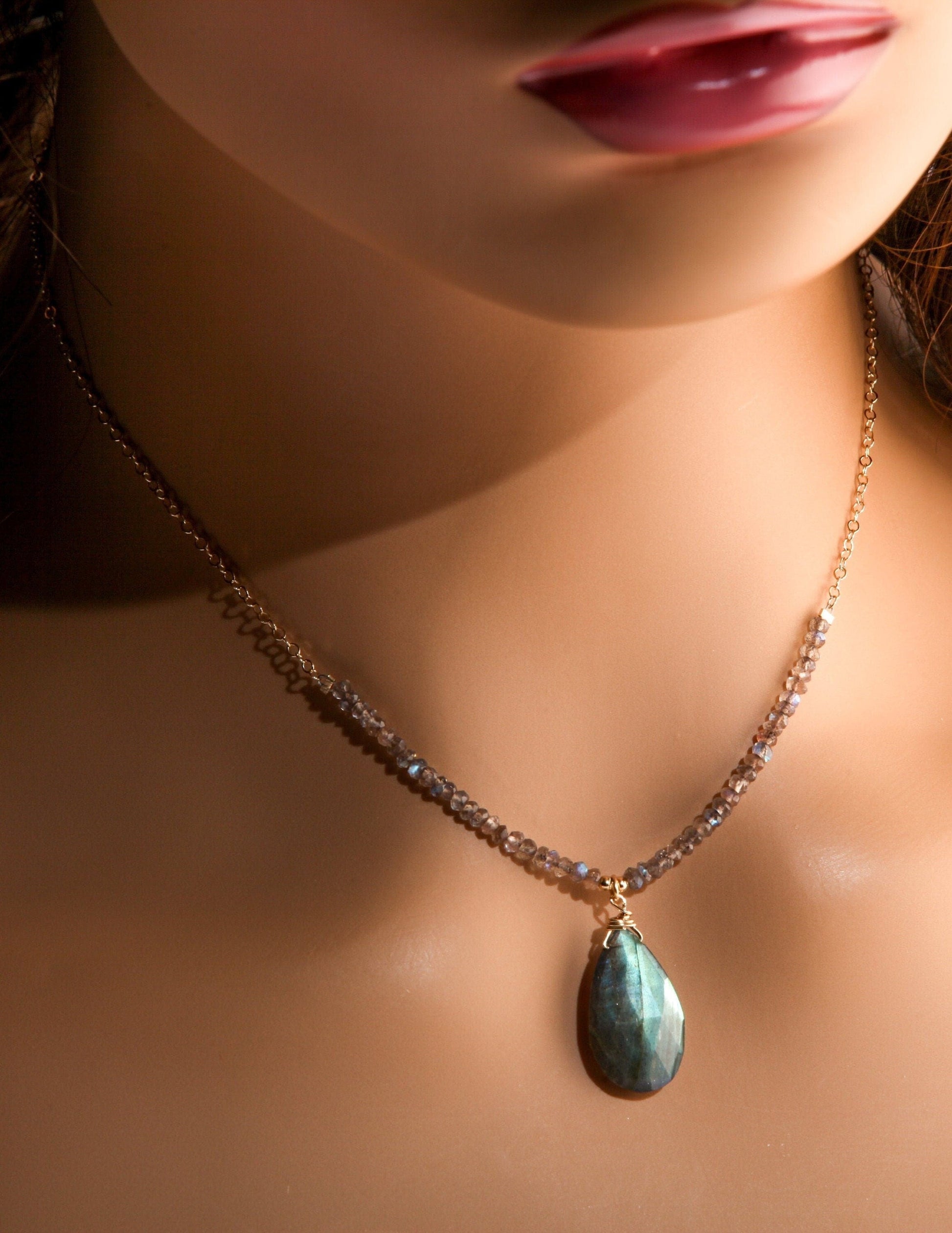 Labradorite Faceted 12x22mm large Pear Drop pendant with Labradorite Rondelle, 14K Gold Filled Chain Necklace, Clasp, handmade Gift For Her