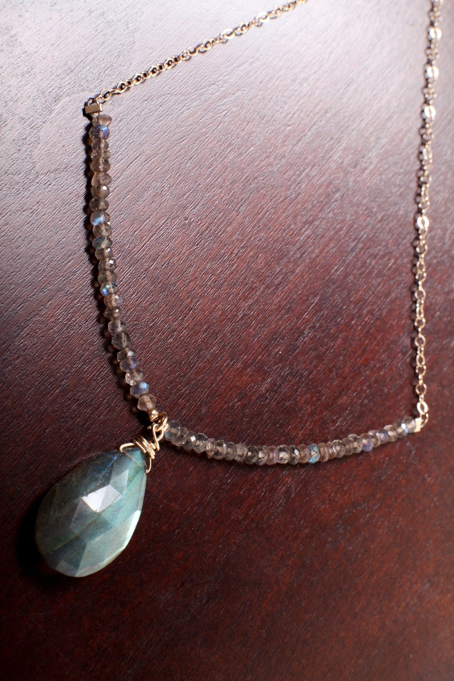 Labradorite Faceted 12x22mm large Pear Drop pendant with Labradorite Rondelle, 14K Gold Filled Chain Necklace, Clasp, handmade Gift For Her