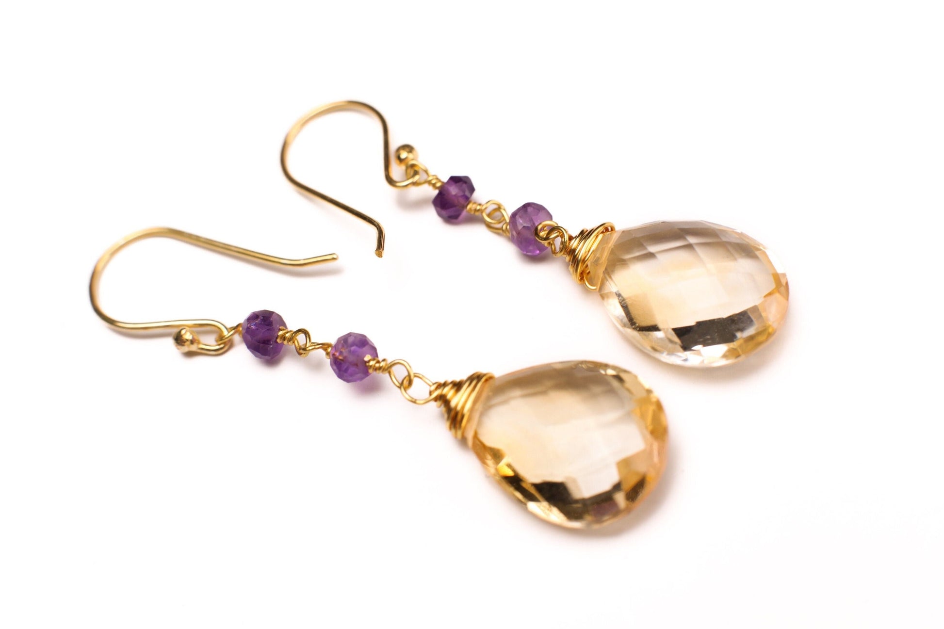 AAA Citrine Cut Stone Pear Drop 12x16mm, 4mm Faceted Amethyst Wire Wrapped in 14K Gold Filled Earrings, Soothing Gem, November Birthstone