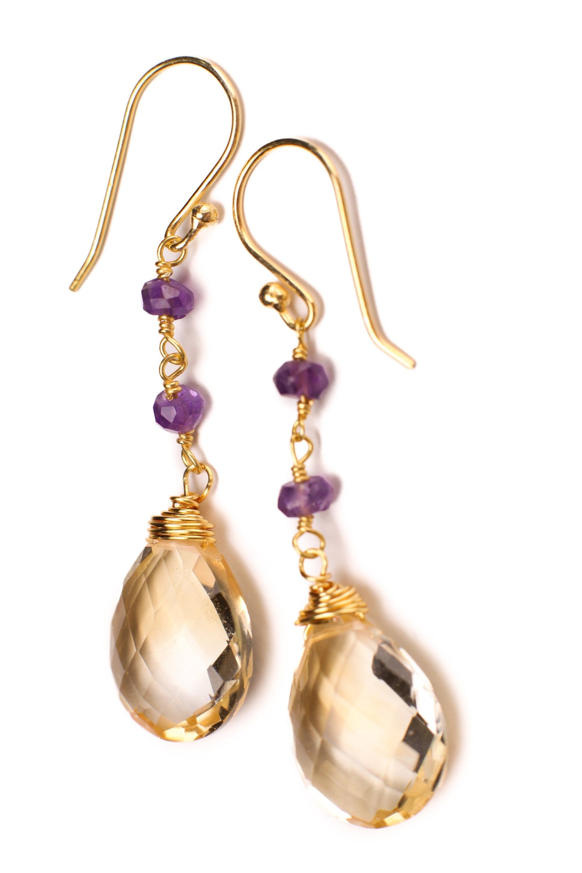 AAA Citrine Cut Stone Pear Drop 12x16mm, 4mm Faceted Amethyst Wire Wrapped in 14K Gold Filled Earrings, Soothing Gem, November Birthstone