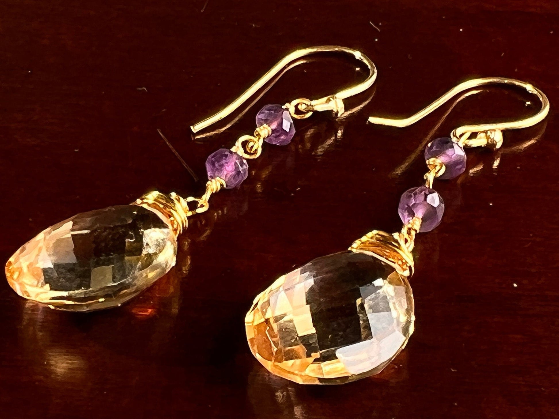 AAA Citrine Cut Stone Pear Drop 12x16mm, 4mm Faceted Amethyst Wire Wrapped in 14K Gold Filled Earrings, Soothing Gem, November Birthstone