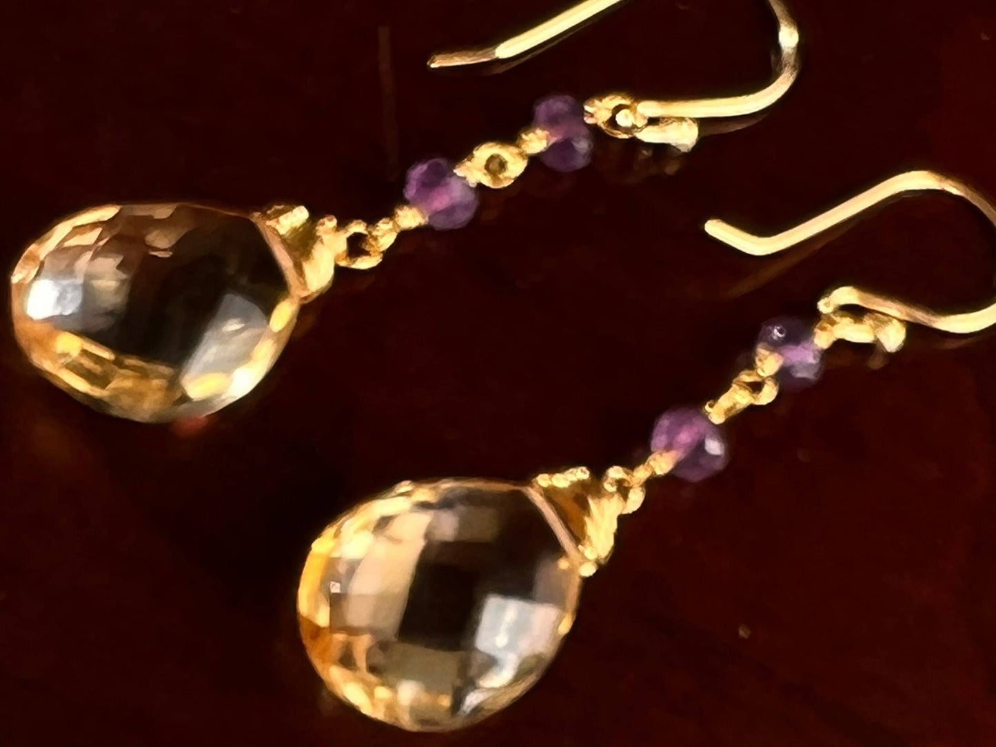 AAA Citrine Cut Stone Pear Drop 12x16mm, 4mm Faceted Amethyst Wire Wrapped in 14K Gold Filled Earrings, Soothing Gem, November Birthstone