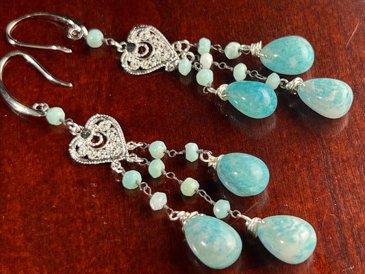 Blue Opal Pear Drop Dangling with Blue Opal Roundel Wire Wrapped Heart Shape Chandelier in Rhodium Silver Earrings