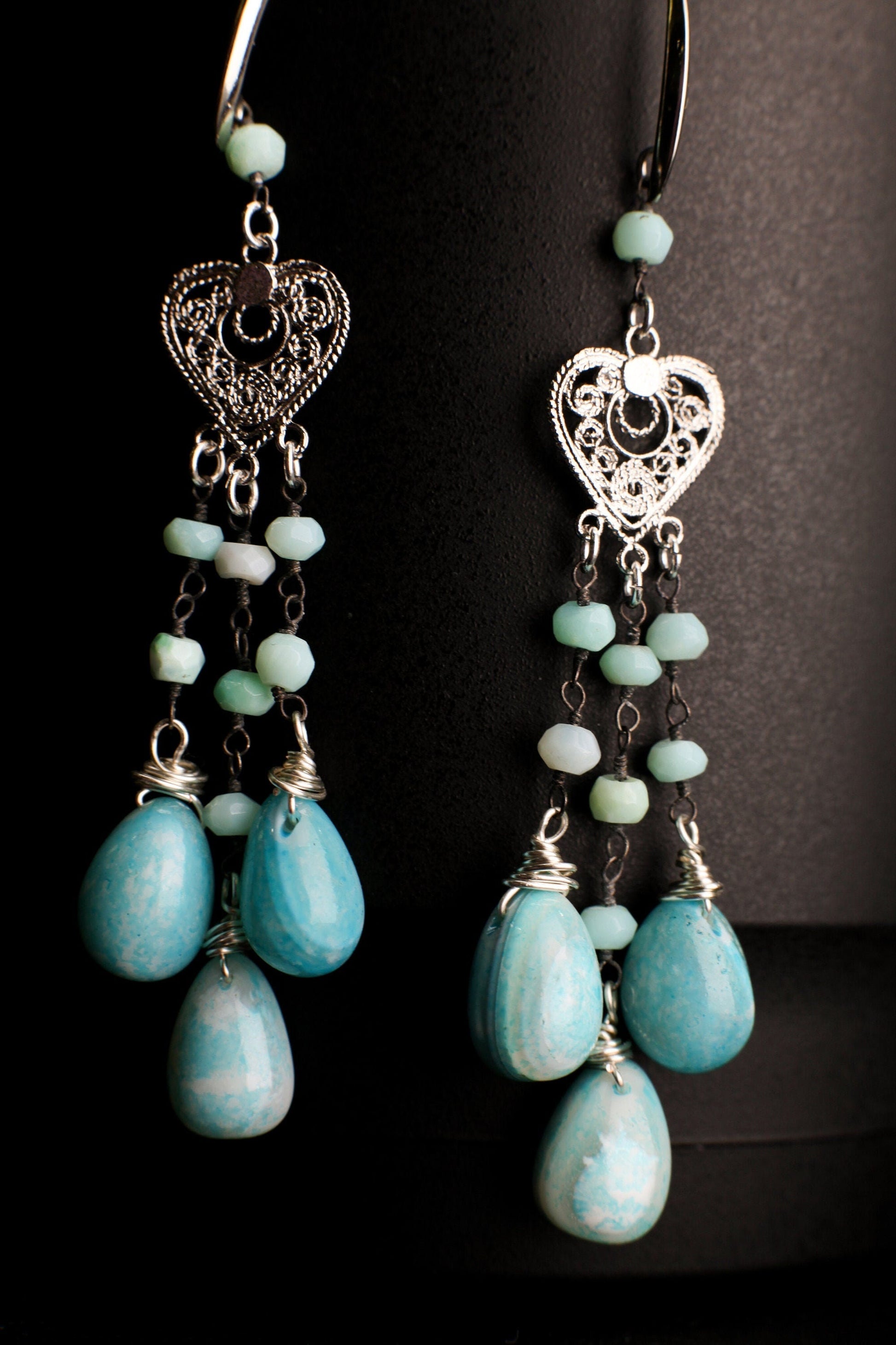 Blue Opal Pear Drop Dangling with Blue Opal Roundel Wire Wrapped Heart Shape Chandelier in Rhodium Silver Earrings